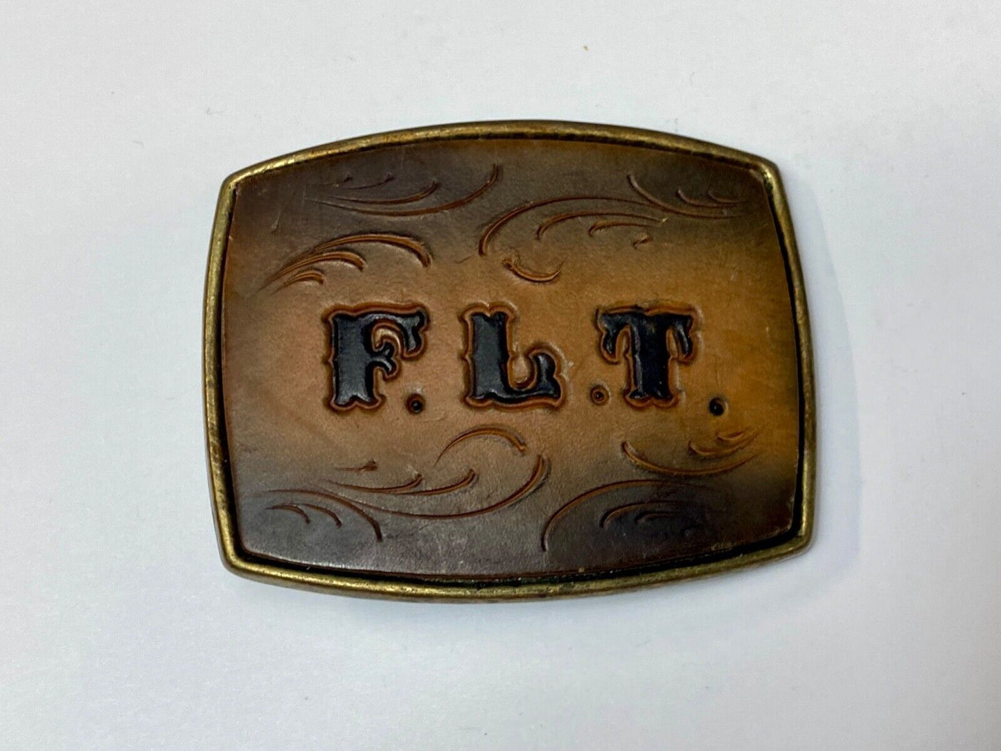 Vintage Initials Letters F. L. T.  leather and brass tone western belt buckle
