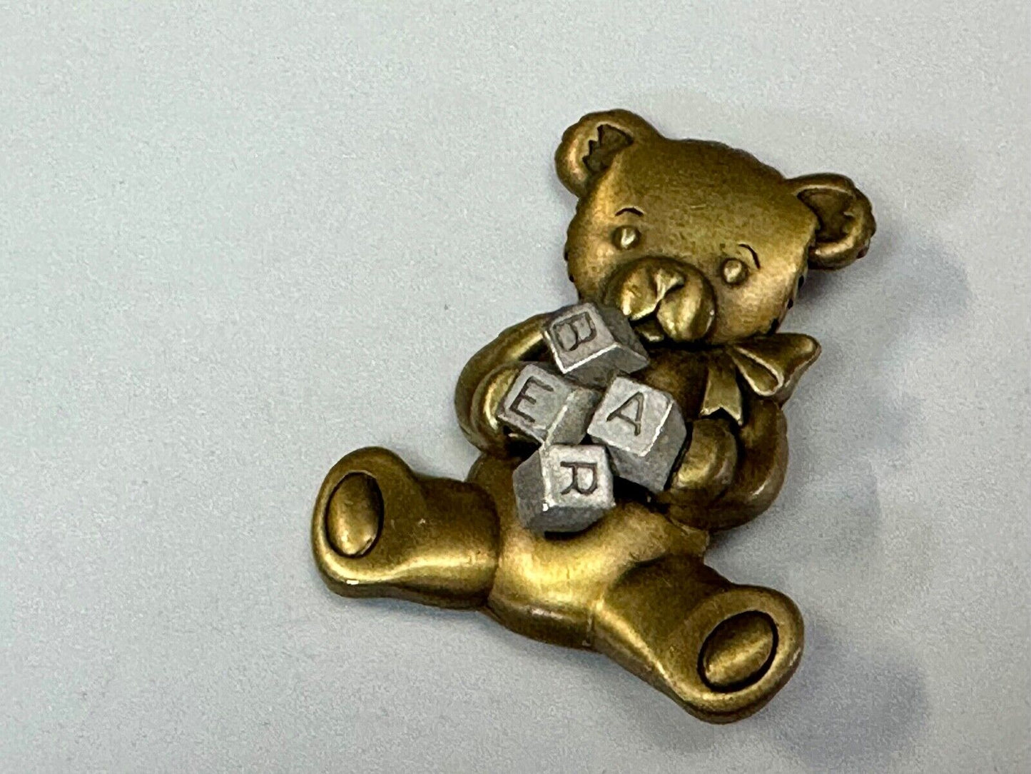 Adorable Two tone Teddy Bear with blocks JJ Signed vintage brooch pin