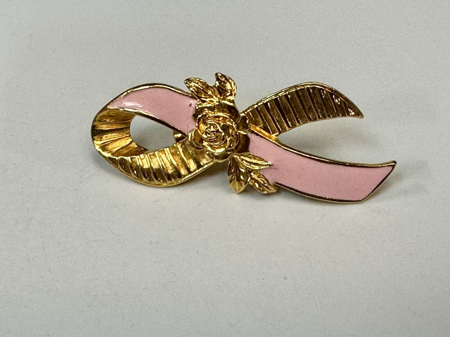 Avon Gold Tone Pink Enamel Ribbon Breast Cancer Awareness Brooch Pin 2"