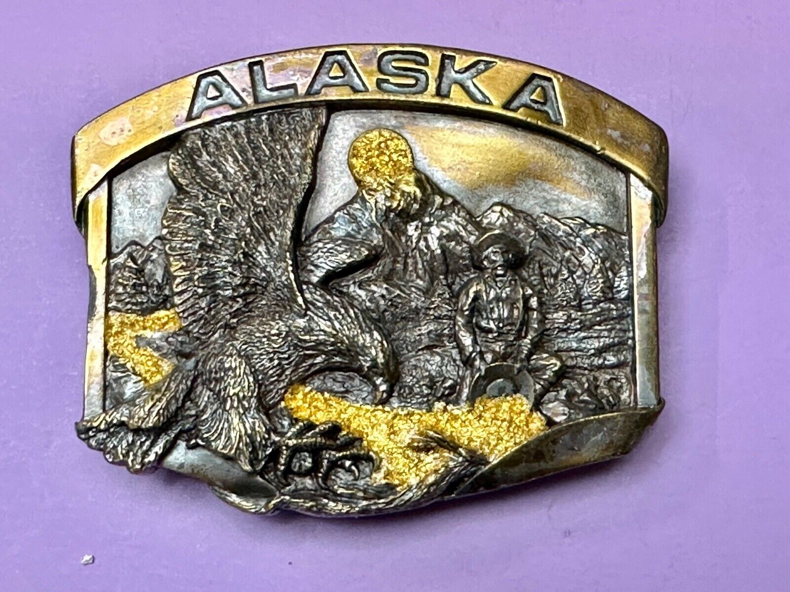 Alaska Gold Rush Mining Panning gold tone Vintage 1984 Siskiyou Belt Buckle