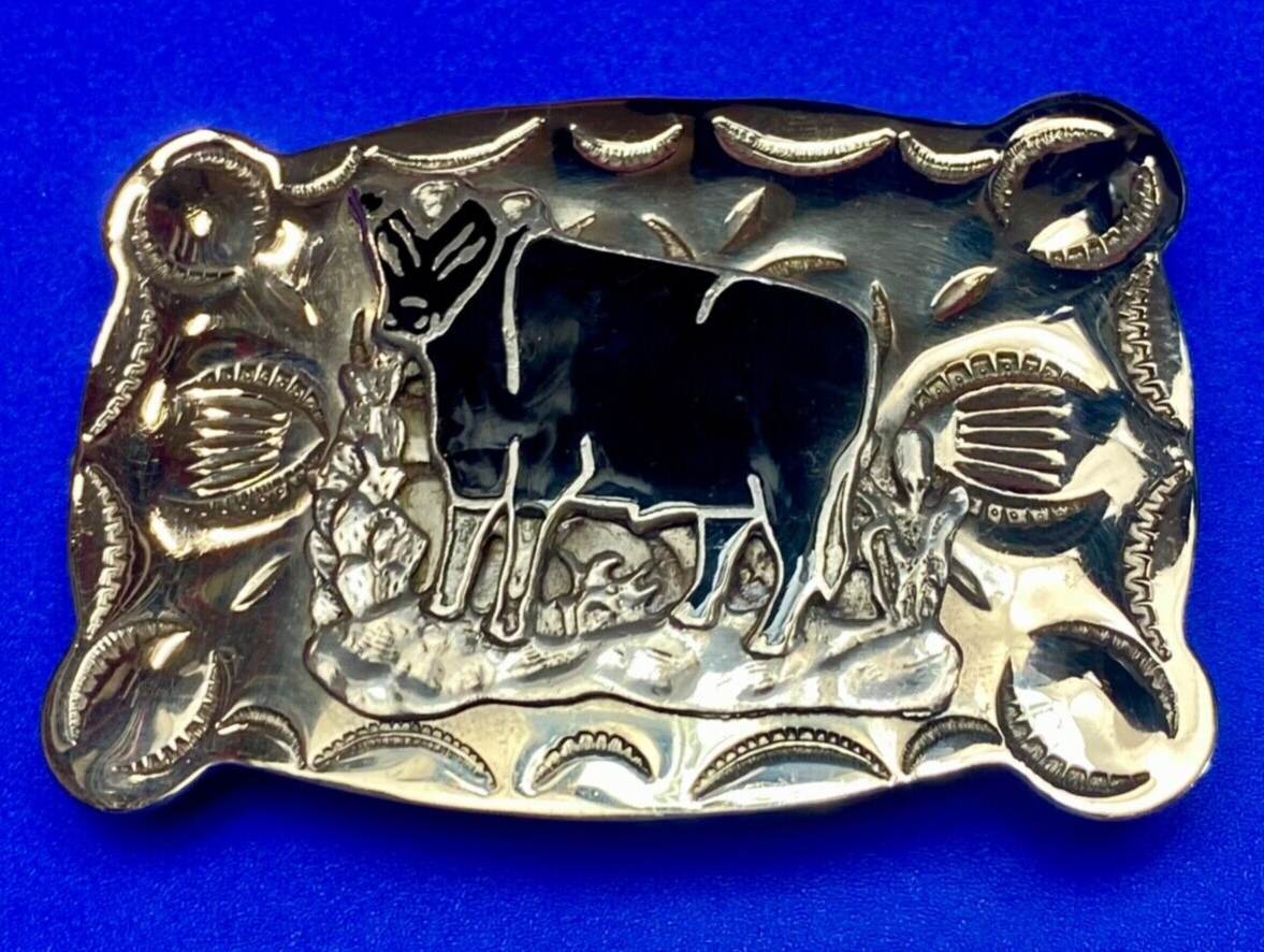 Vintage  COW BULL - Tex - Tan Nickel Silver Western belt buckle