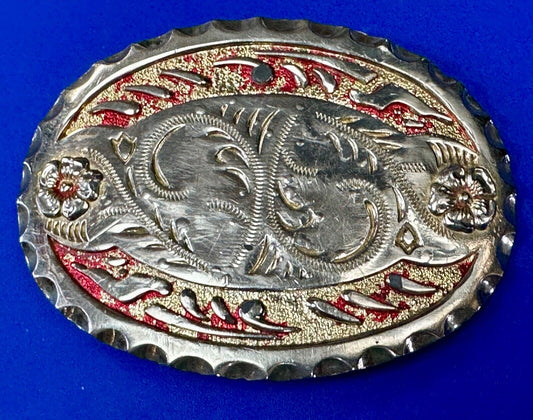 vintage cowboys cowgirls floral theme red color accented belt buckle