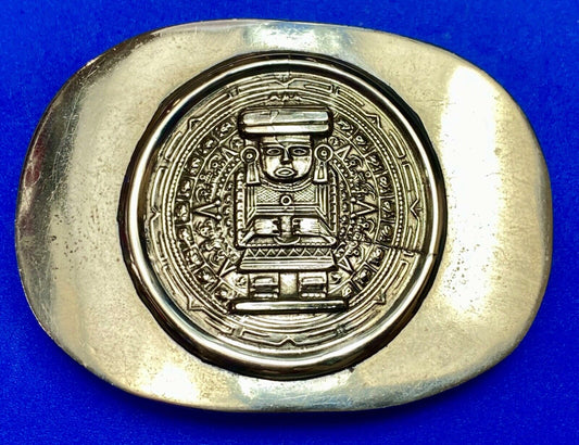 Aztec Calendar Person Figure silver tone? Belt Buckle Mayan Indian