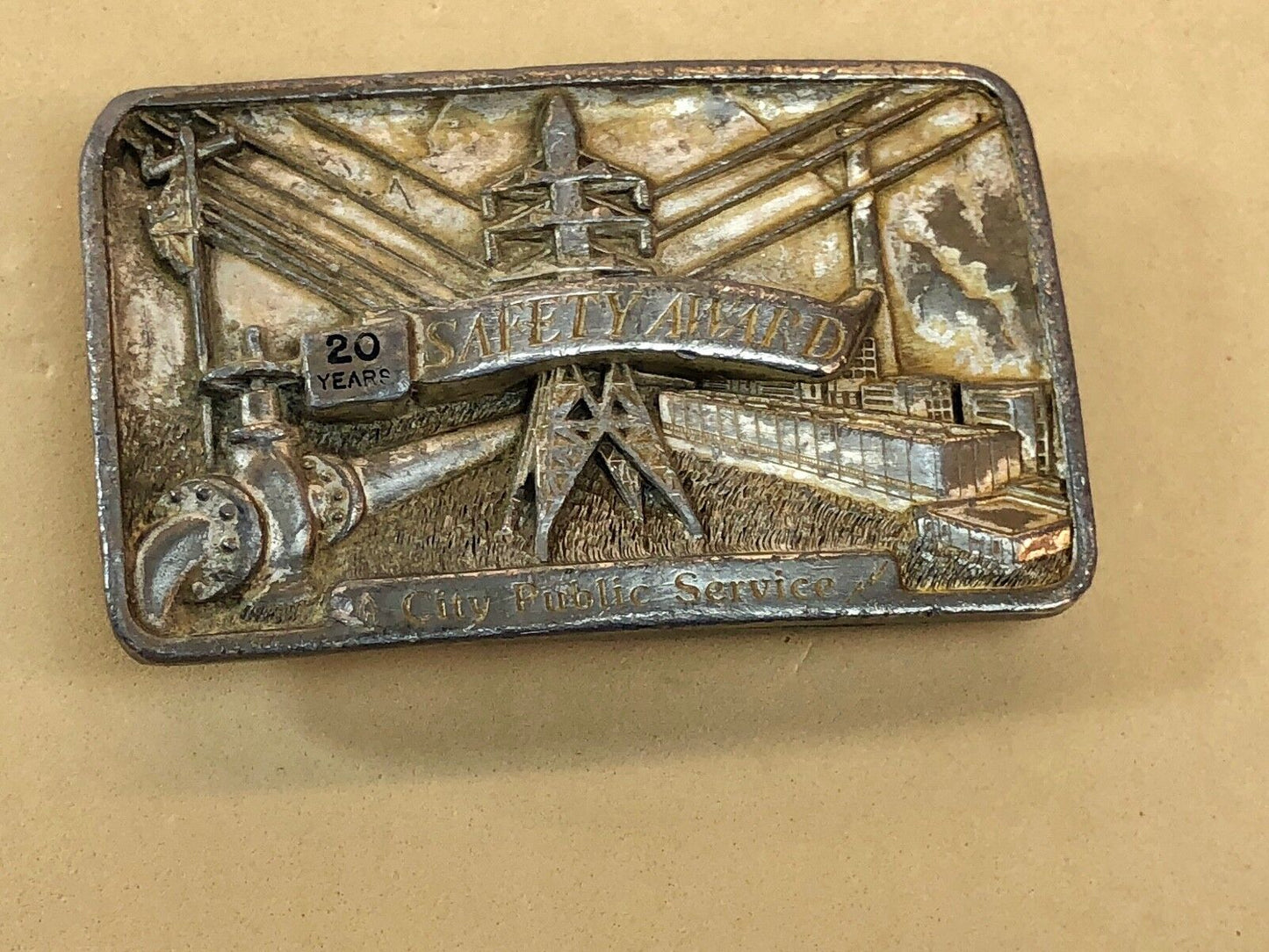 Vintage 1980's Belt Buckle - Texas 20 years safety award - City public Service 