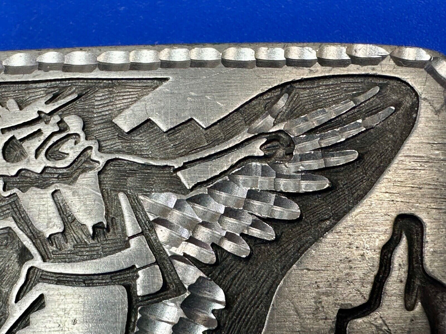 Unique Carving Ancient Mayan God Man Wings etched pewter vintage belt buckle