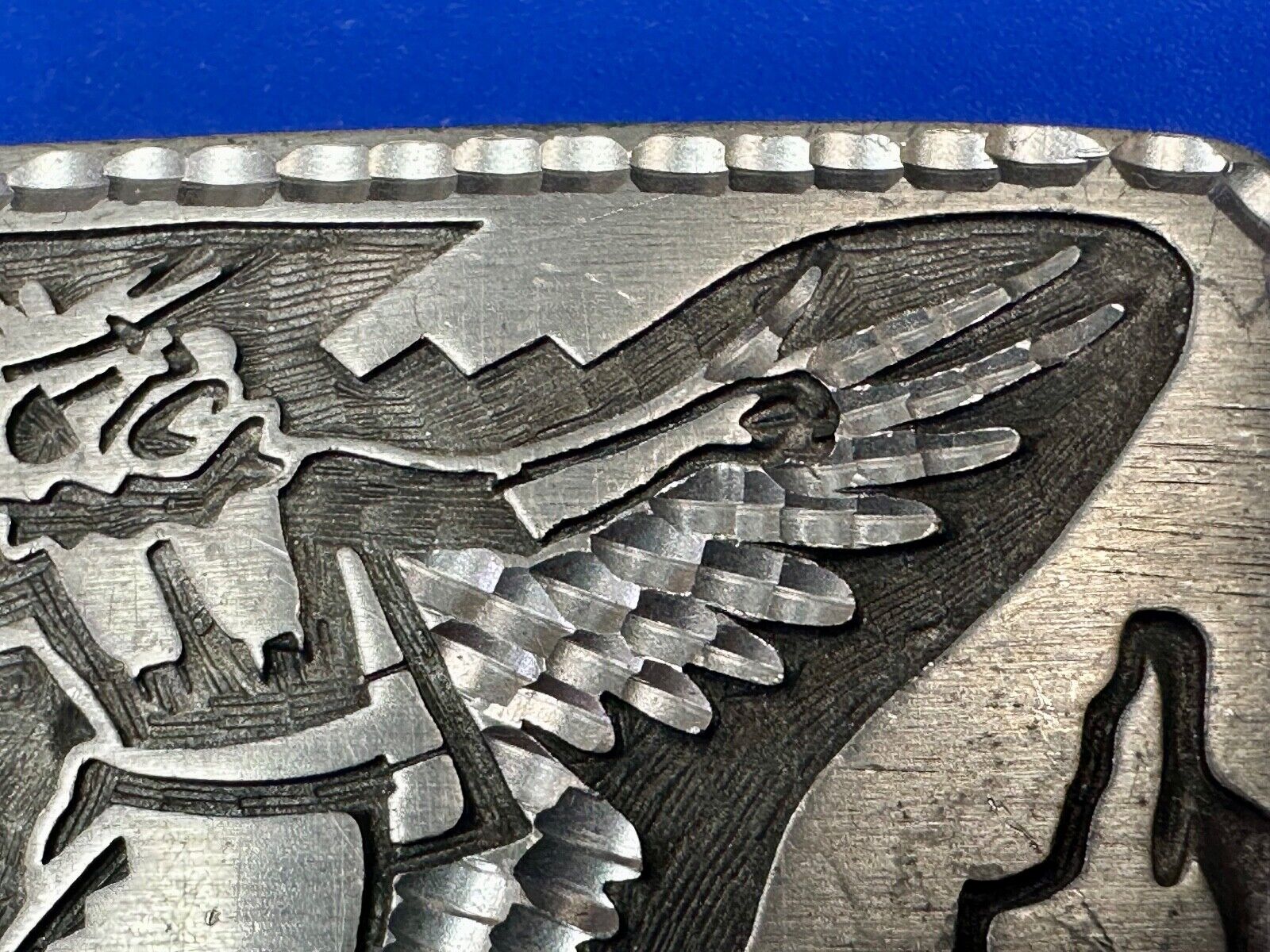 Unique Carving Ancient Mayan God Man Wings etched pewter vintage belt buckle