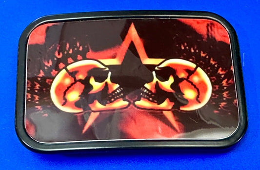 Two Skulls around star picture - black & red color rectangular belt buckle