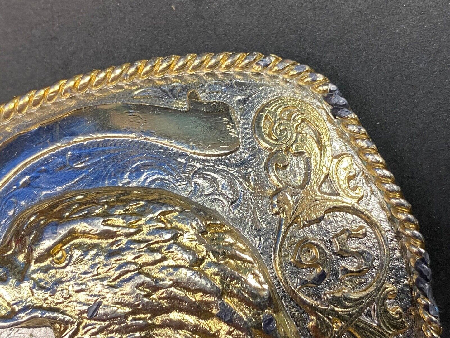 Vintage 1995 Mixed Metal Eagle Head Belt Buckle With Blank Award Ribbon Scroll 