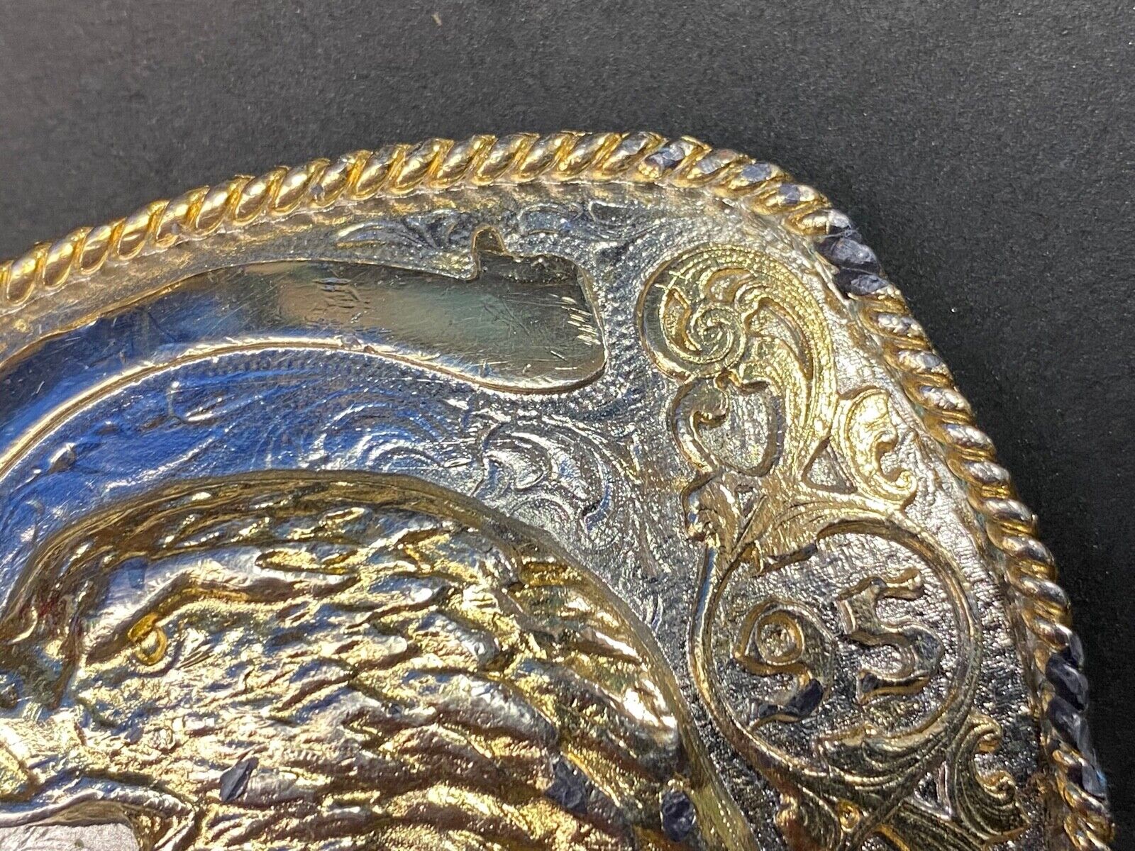 Vintage 1995 Mixed Metal Eagle Head Belt Buckle With Blank Award Ribbon Scroll 