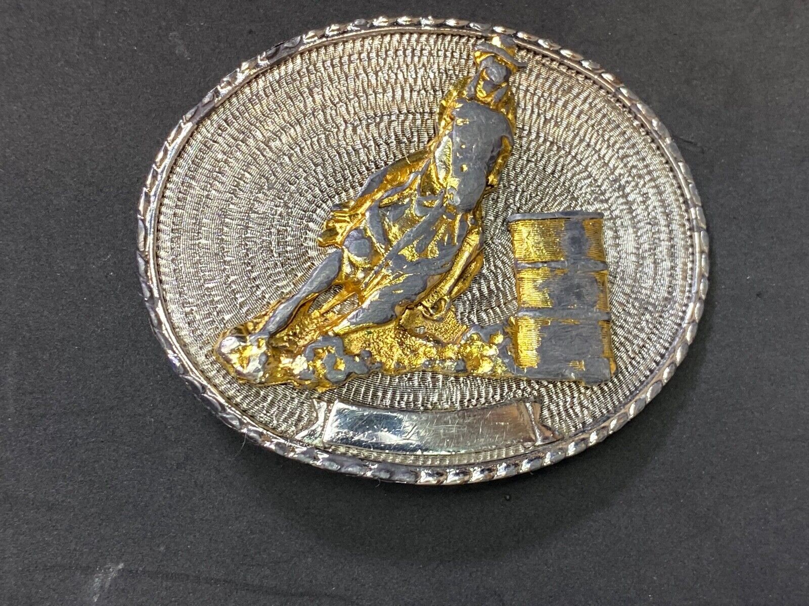 Barrel Racing Rodeo Cowboy Cowgirl Vintage Belt Buckle W/ Blank Ribbon Scroll 