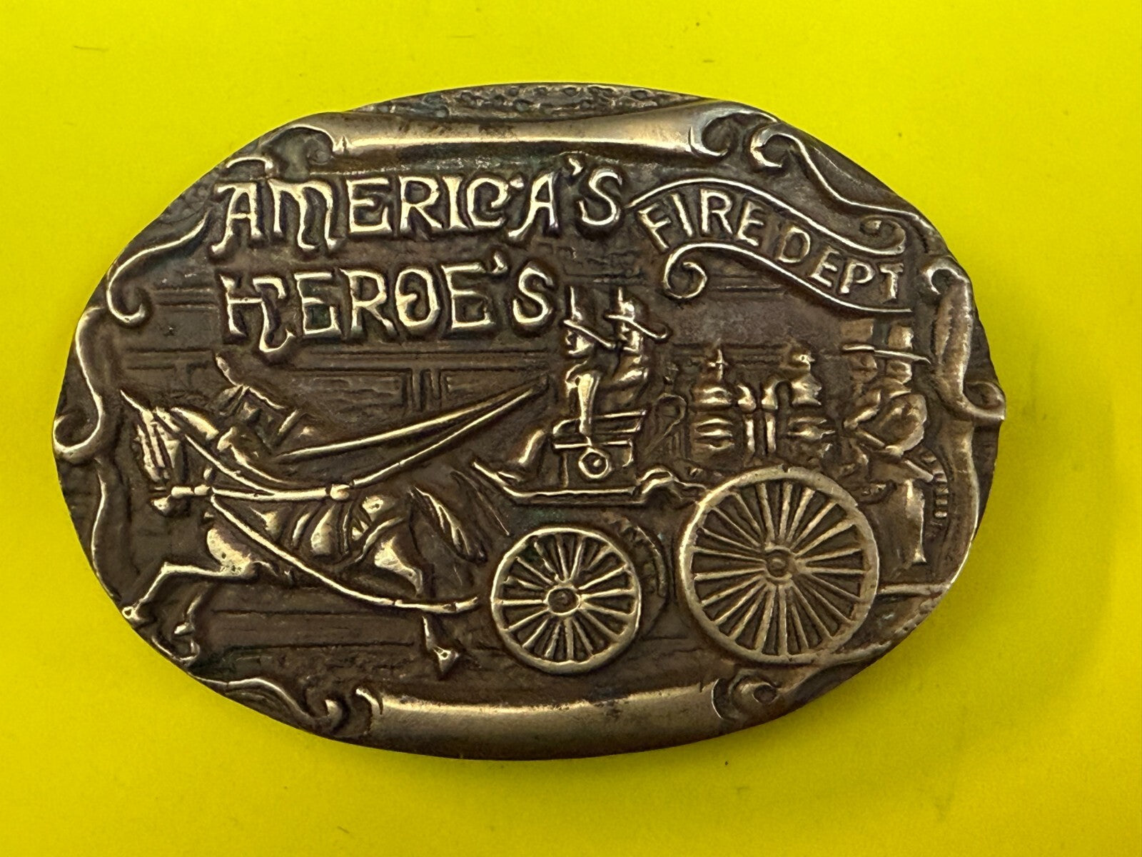 America's Heroes Fire Department Fireman Truck Wagon Solid Brass Belt Buckle