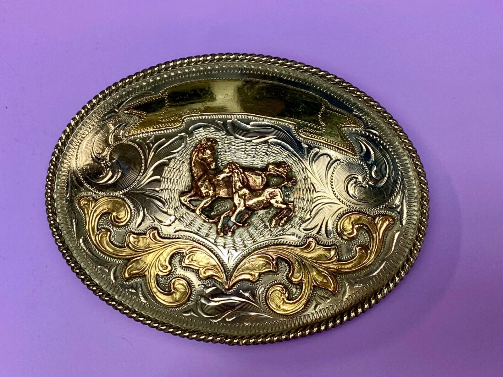 5" wide! Alpaca Mexico stamped wild mustangs horses running wild belt buckle