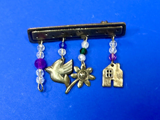 avon signed dangle brooch pin -  Dove stunflower house - missing a charm