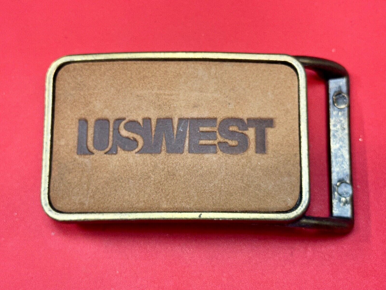 US WEST Telephone Service Company Promo Vintage Leather & Brass Tone Belt Buckle