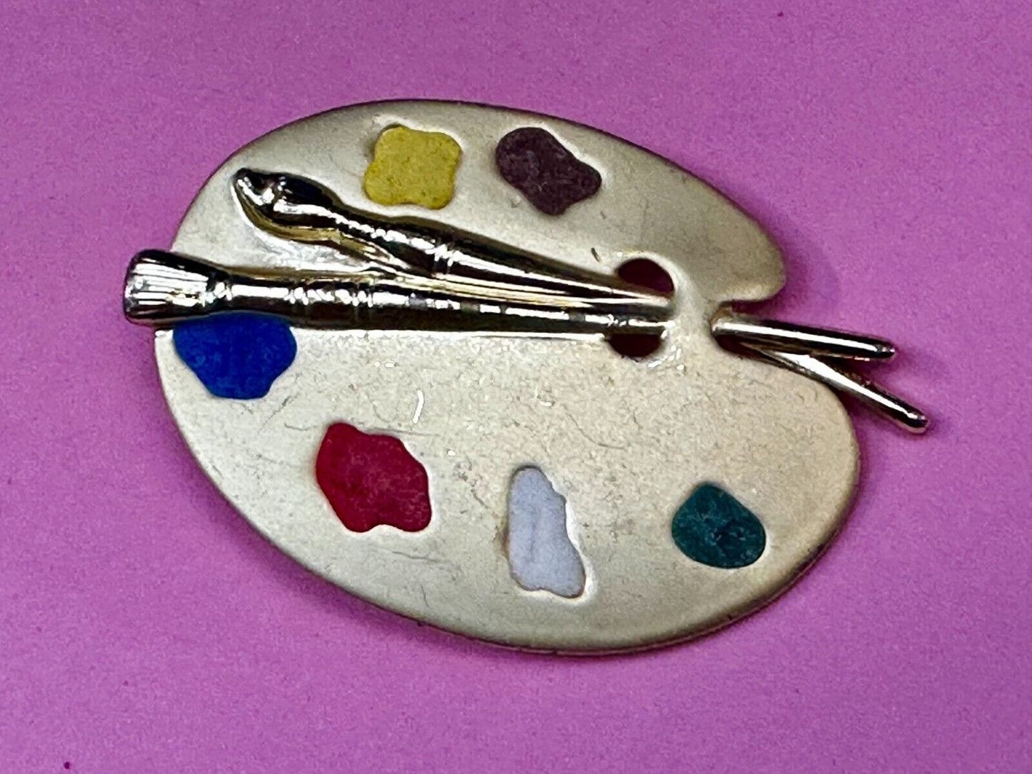 Vintage Gold Tone Artist's Palette Brooch Pin Signed AJC Paint Brush Painting 🎨