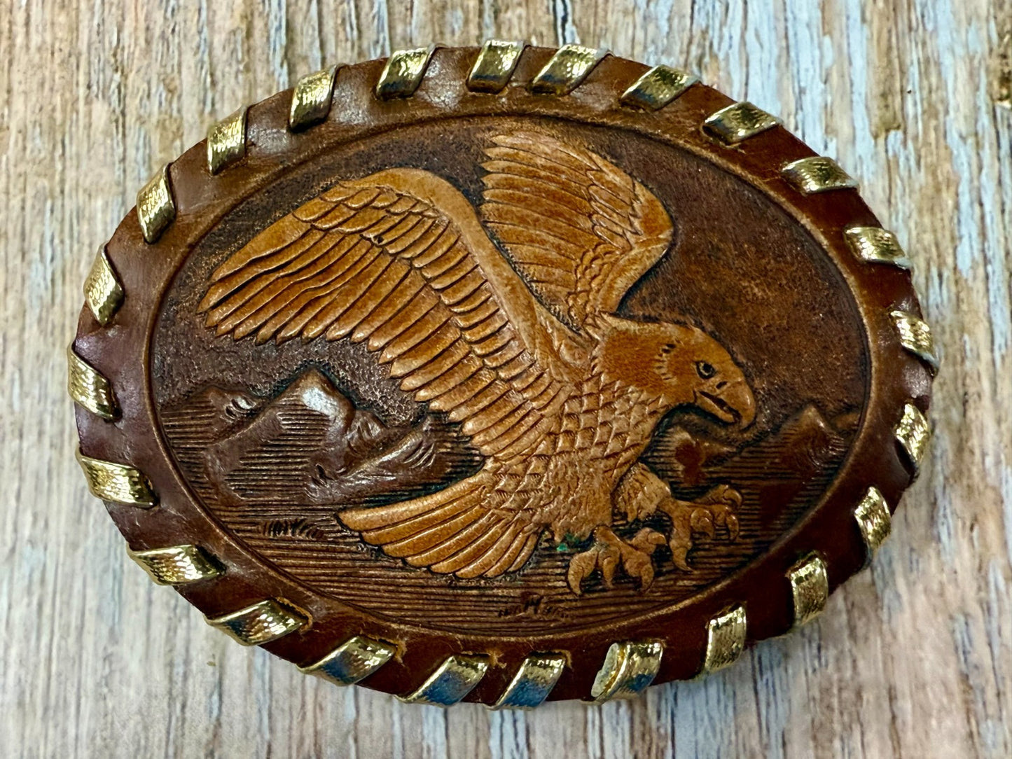 American Bald Eagle Flying Over the Mountain Embossed on Leather Belt Buckle