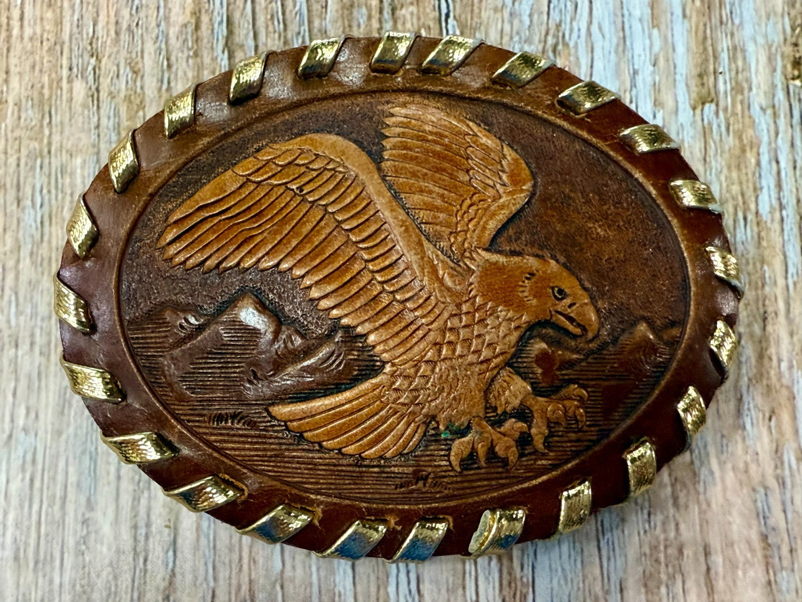 American Bald Eagle Flying Over the Mountain Embossed on Leather Belt Buckle