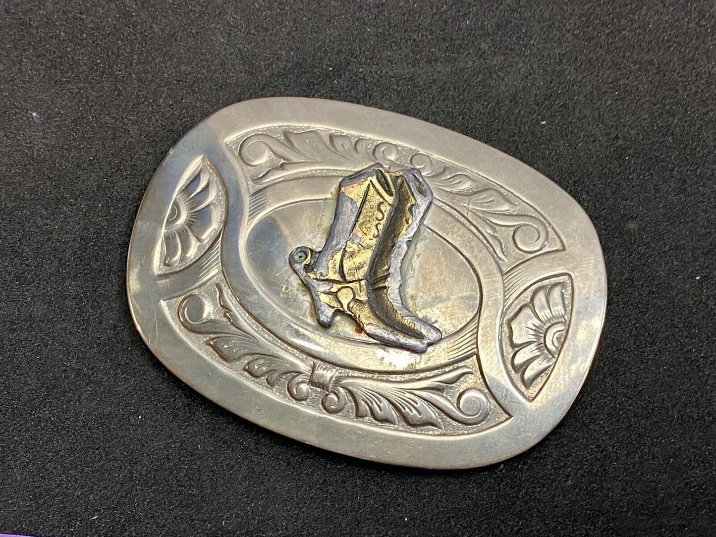 Vintage Cowboy Boots Centered On Western Belt Buckle By Chambers 