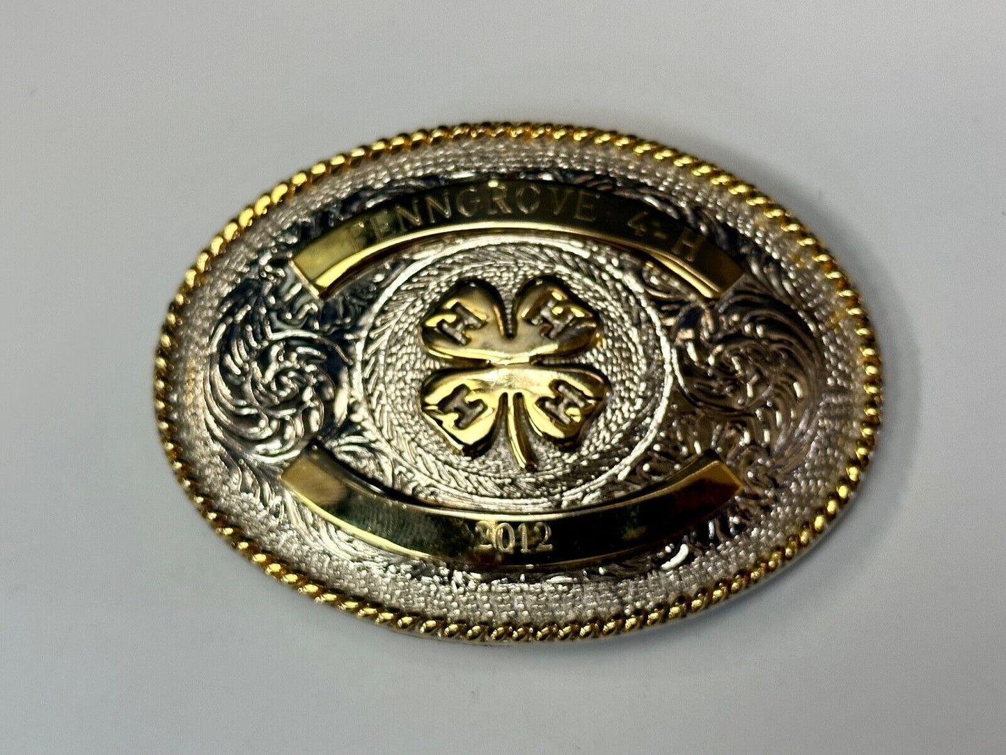 4h emblem logo  Engraved trophy style 2012 western two tone belt buckle