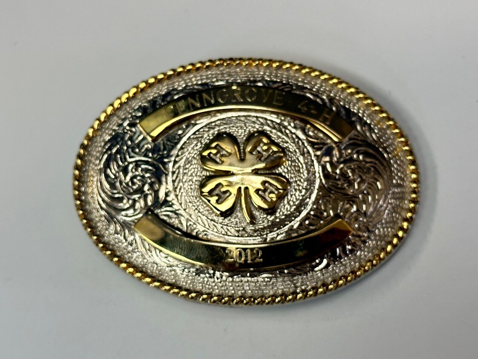 4h emblem logo  Engraved trophy style 2012 western two tone belt buckle