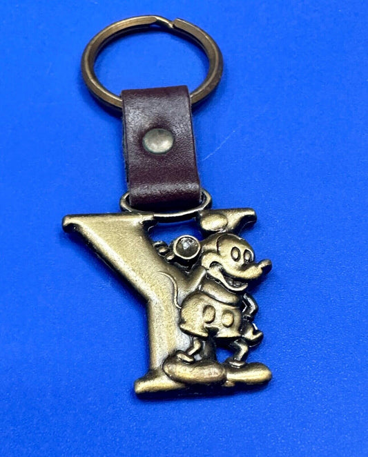 VINTAGE LETTER INITIAL Y  MICKEY MOUSE DISNEY KEYCHAIN BRASS and LEATHER FOB