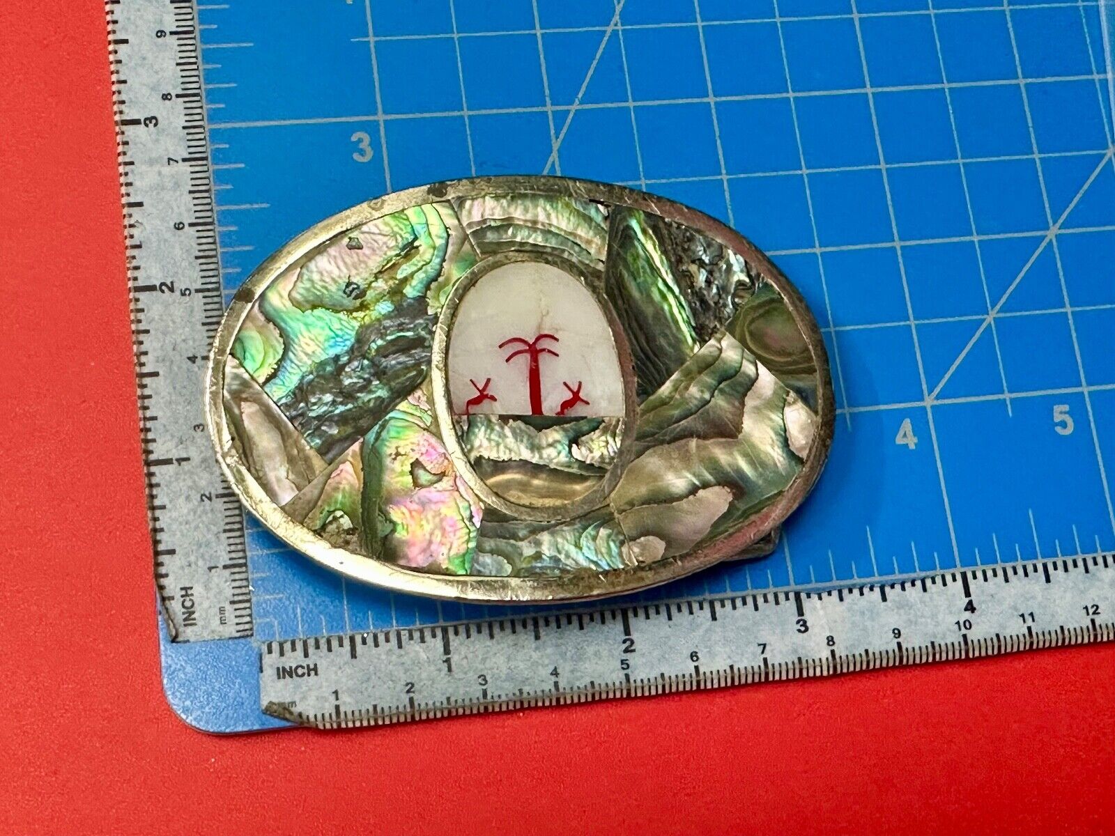 Abalone Shell Ocean Theme Palm Trees  3.5" wide Oval belt buckle from Mexico