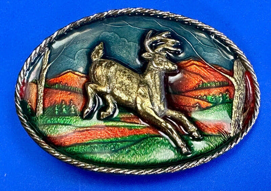 Vintage 1984 Running Deer - Colorful Great American belt buckle Co