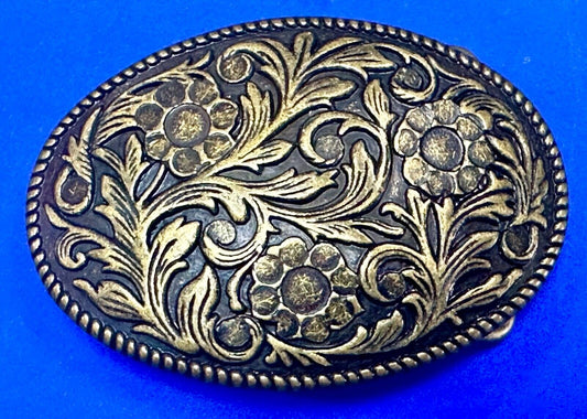 vintage brown color western flower theme cowgirls cowboys oval belt buckle