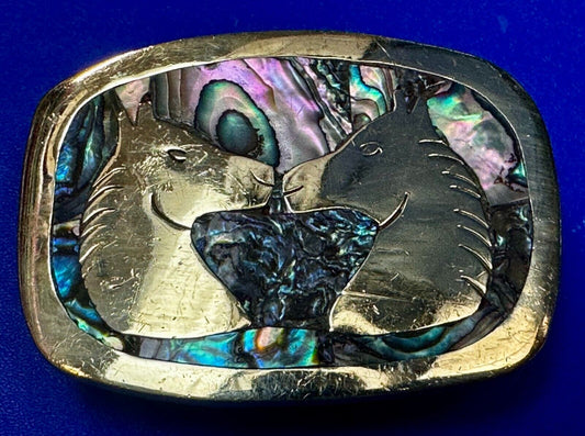 Two Horses Vintage Inlaid Alabone Shell Small Mexico Stamped Belt Buckle