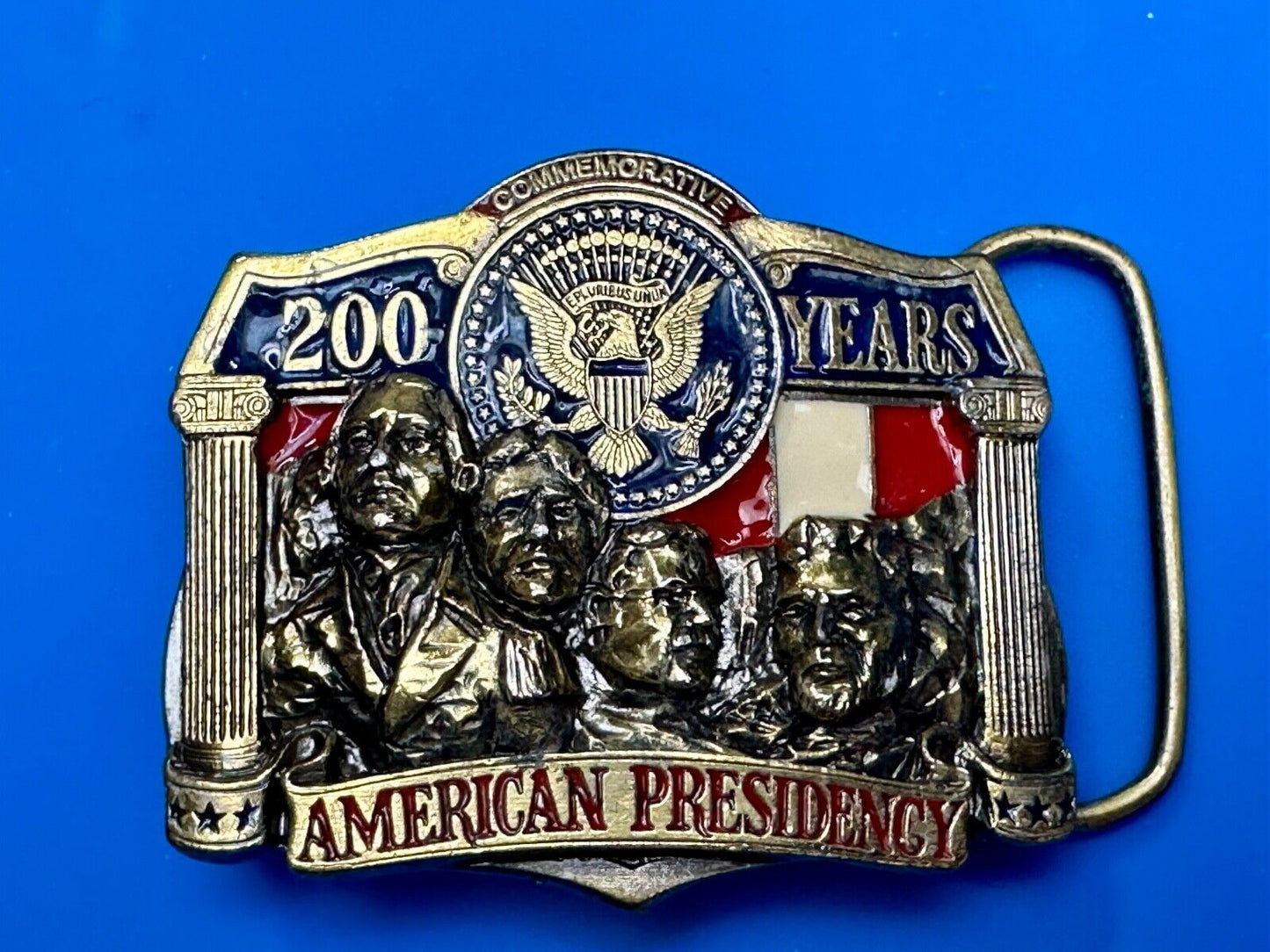 American Presidency Belt Buckle Vintage 200 Years Mount Rushmore Commemorative