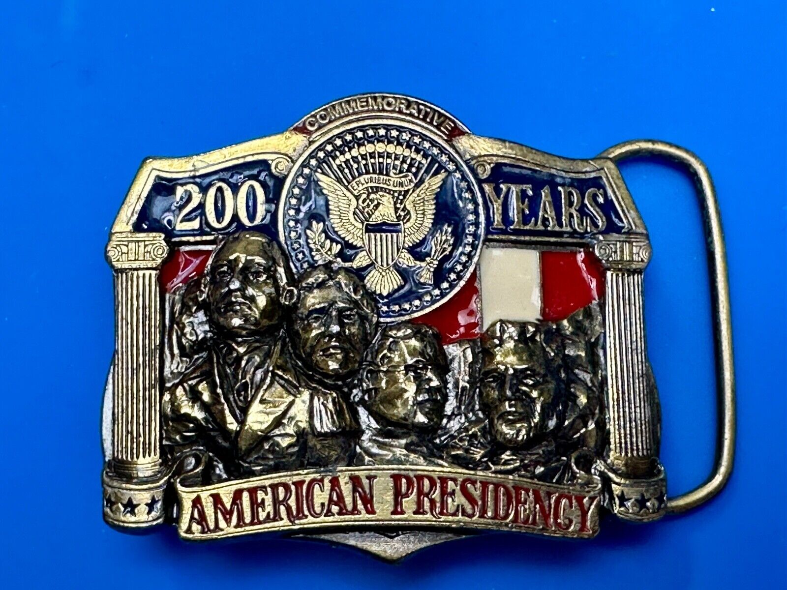 American Presidency Belt Buckle Vintage 200 Years Mount Rushmore Commemorative