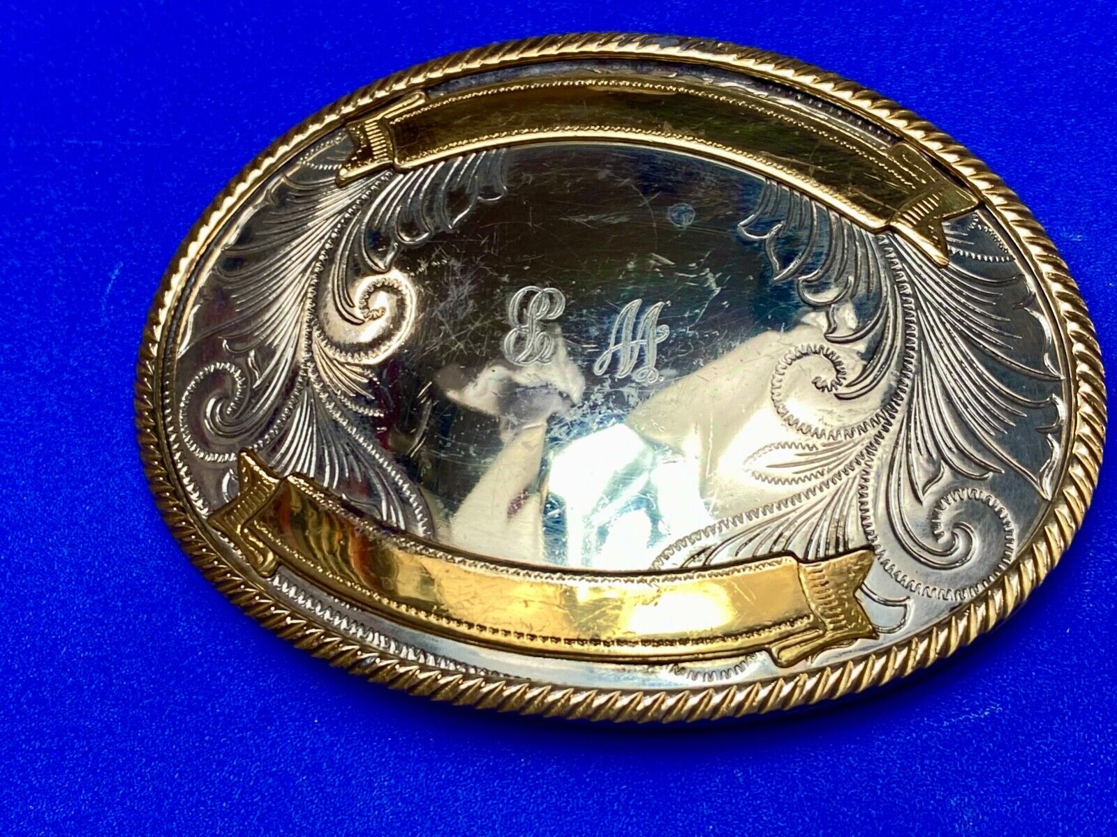 Vintage German Silver two tone rodeo award trophy style engraved belt buckle