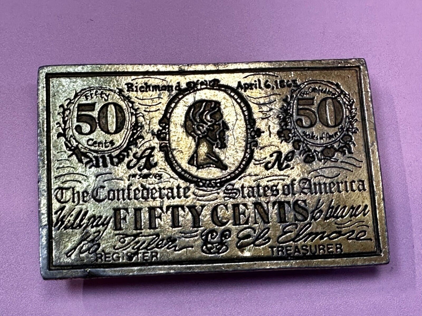 50 Cents Note 1863 Confederate States of America Belt Buckle by CDC Metal Works