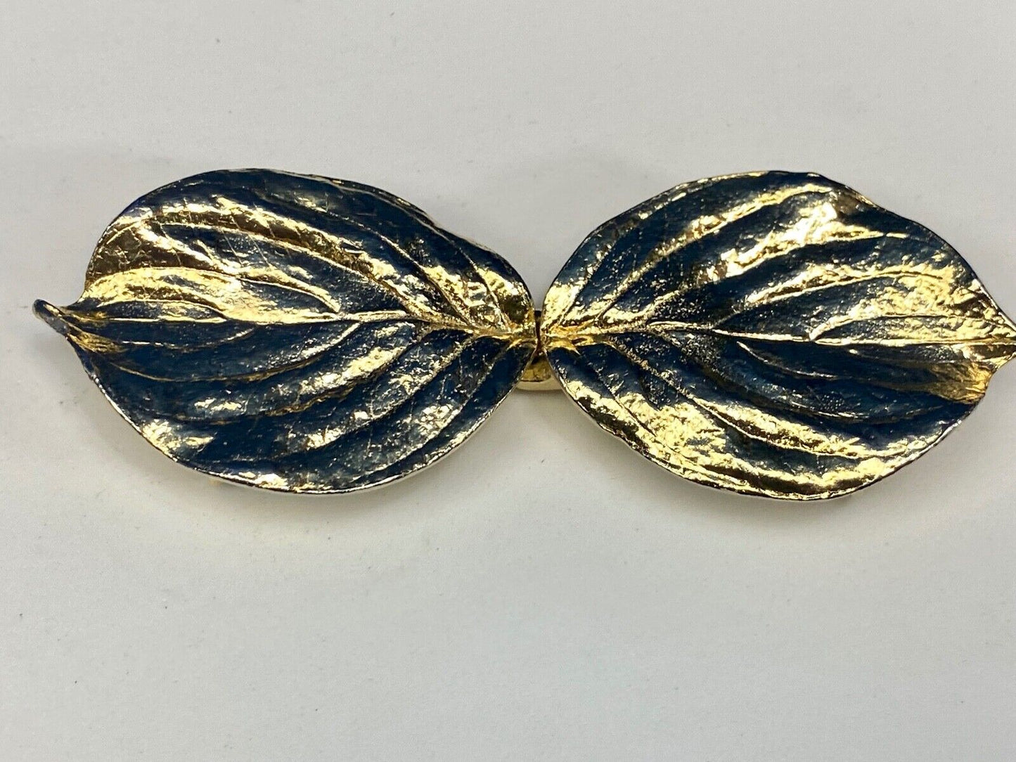 Vintage gold tone two piece interlocking 5" wide leaf belt buckle w/ makers mark
