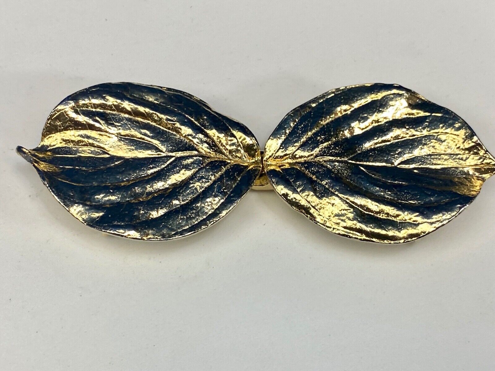 Vintage gold tone two piece interlocking 5" wide leaf belt buckle w/ makers mark