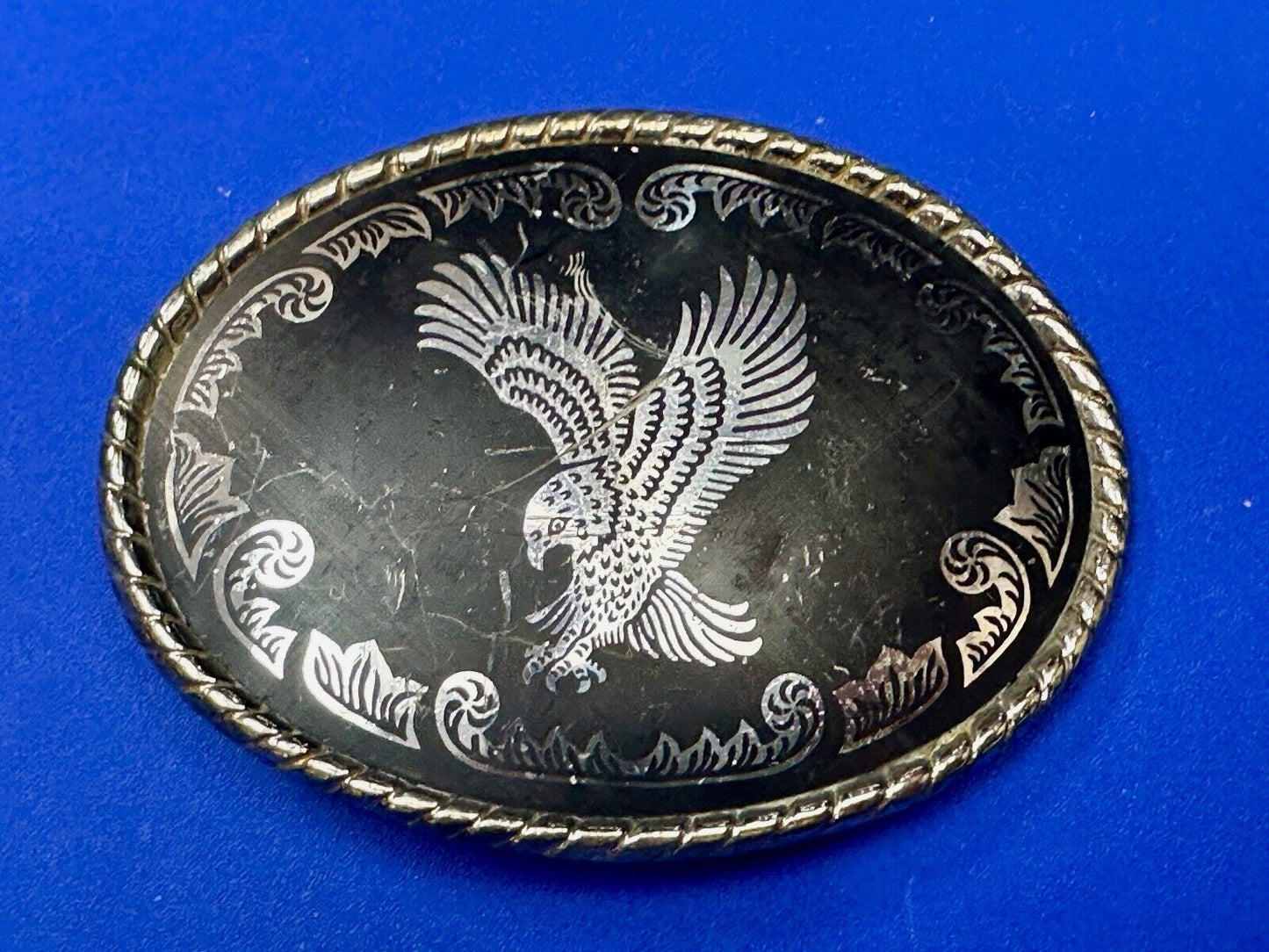 American Eagle black & silver tone Mixed metal vintage belt buckle marked W