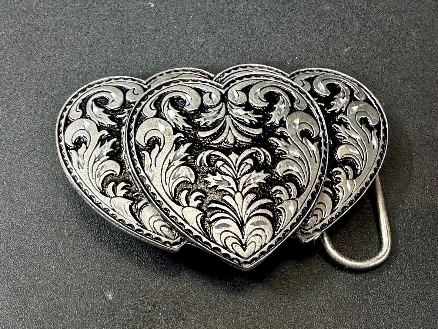 Tripple 3 Hearts. Western Three Heart shaped Vtg. 1995 cutout Belt Buckle by C&J