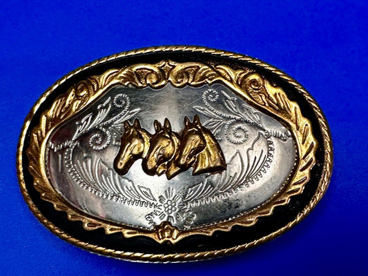 Three Horse Heads Vintage German Silver Three Color Western 4" Wide Belt Buckle