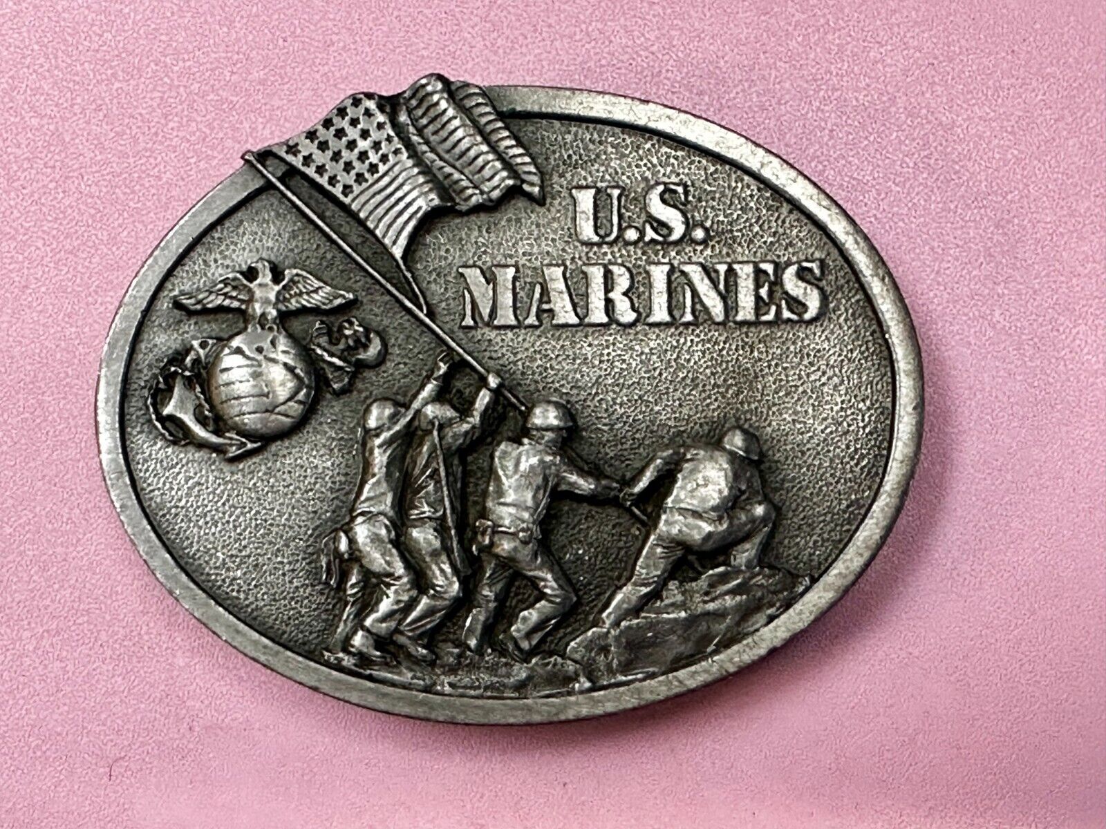 United States Marines Patriotic Raising Flag Vintage 1982 Bergamot Belt Buckle