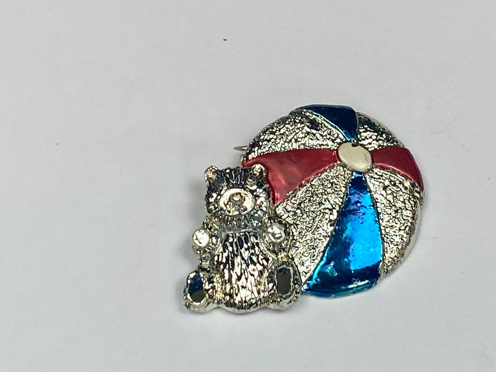 Teddy Bear with Beach Ball Vintage Blue Red Enamel Signed Brooch Pin