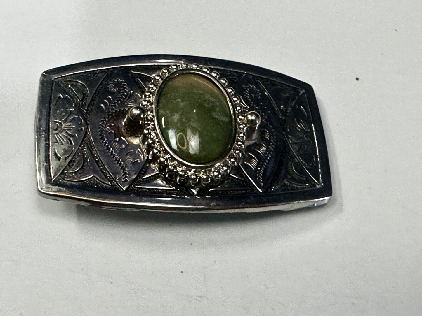 Vesuvianite? Cabochon Cab Centerpiece - Western silver & black color Belt Buckle