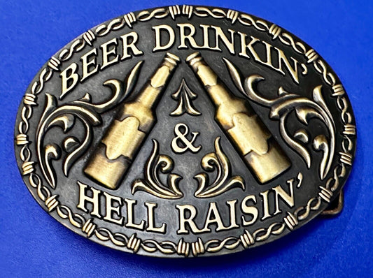 Beer Drinkin Hell Raisin Funny Novelty Barbed Wire Border Western Belt Buckle