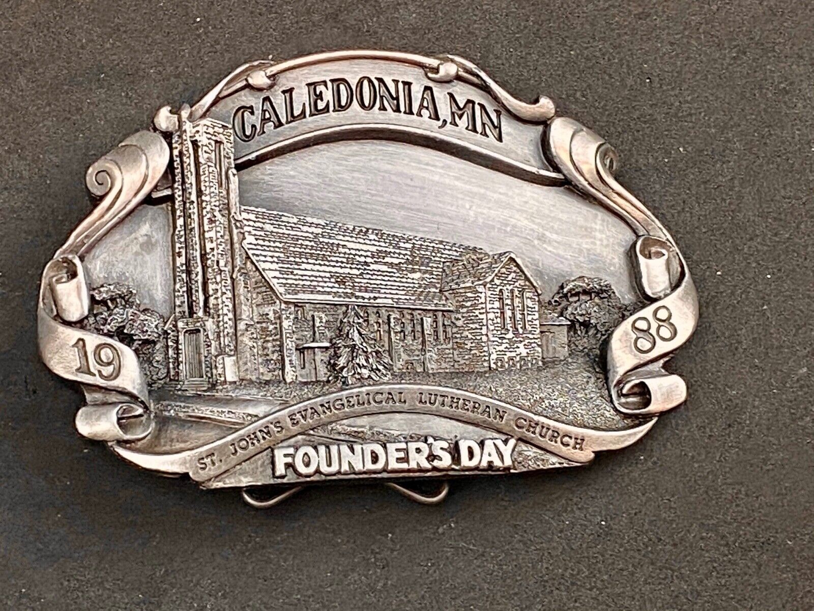 Vintage 1988 - Founder’s Days Caledonia MN belt buckle St Johns Lutheran Church 