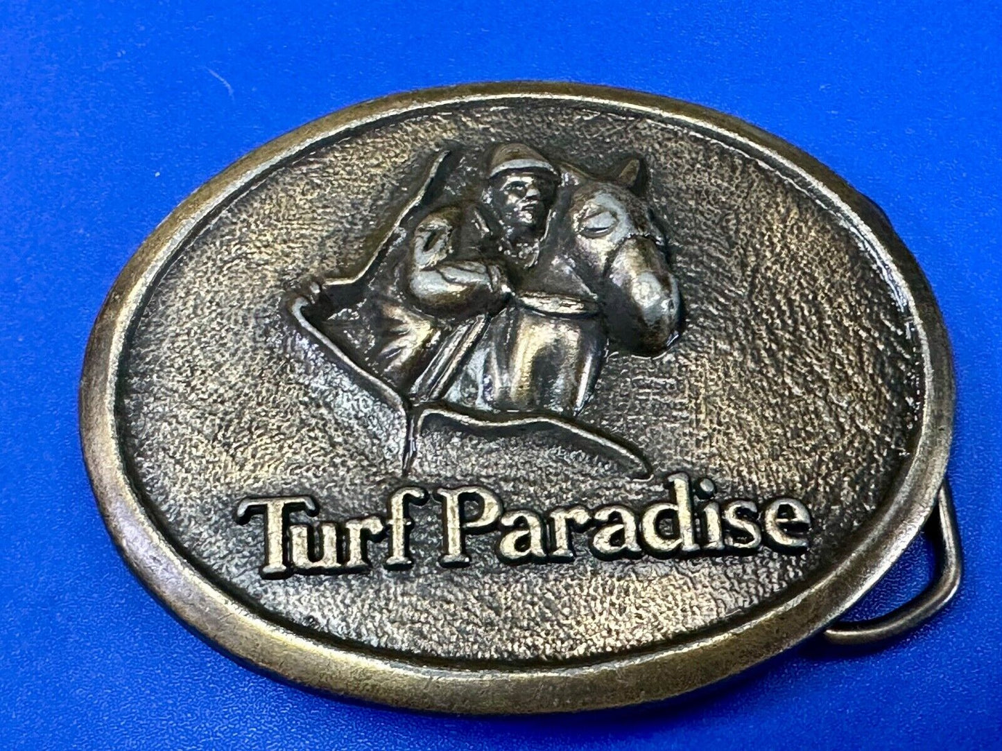 TURF PARADISE ARIZONA HORSE RACING TRACK VINTAGE BRASSTONE BELT BUCKLE