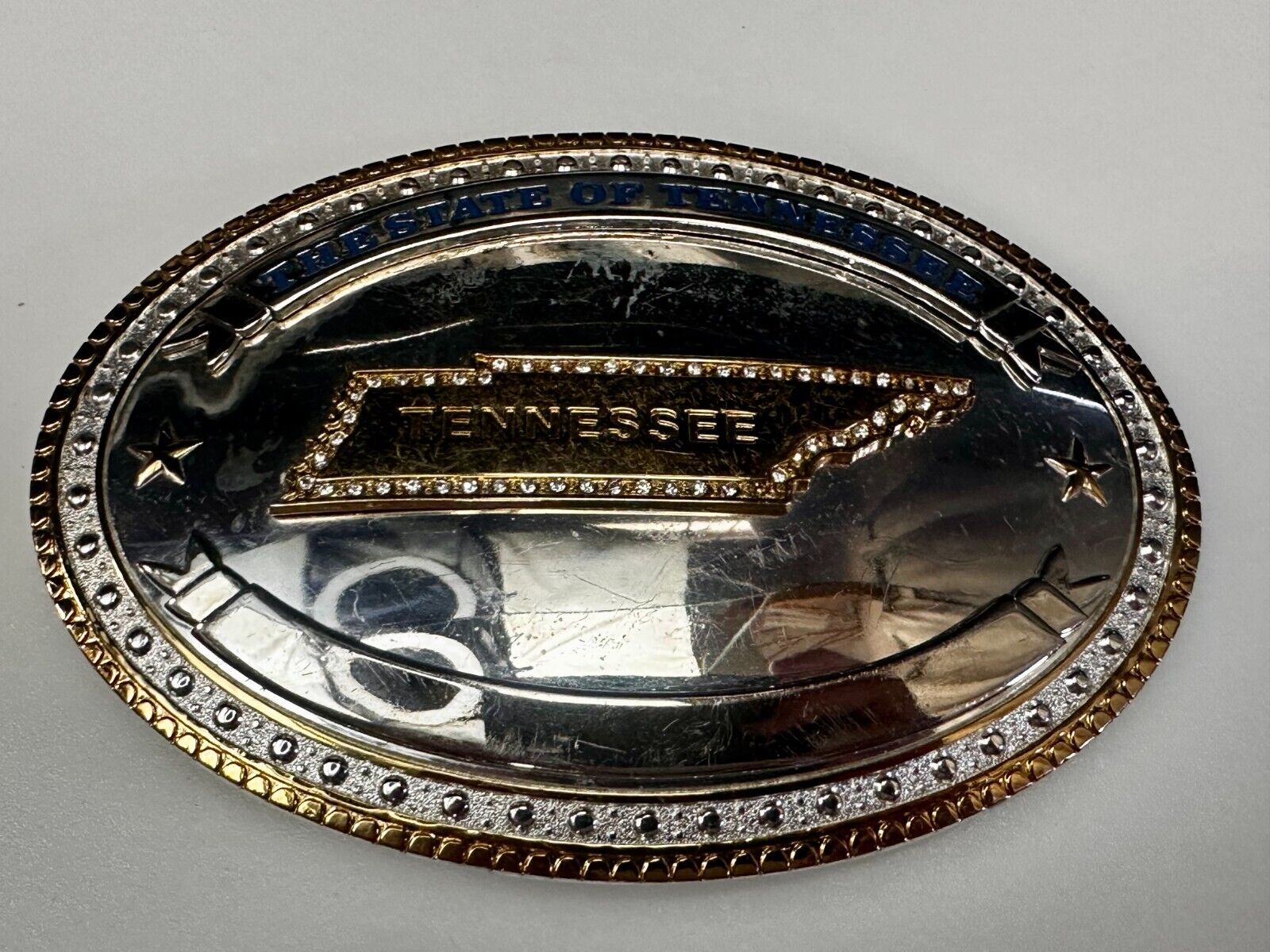 The State of Tennessee with Rhinestone Accents Two Tone Large Belt Buckle by ATI