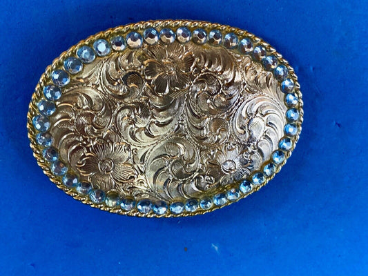 Beautiful Etched Western Swirl Belt Buckle Taiwan Roc With Blue Rhinestones 