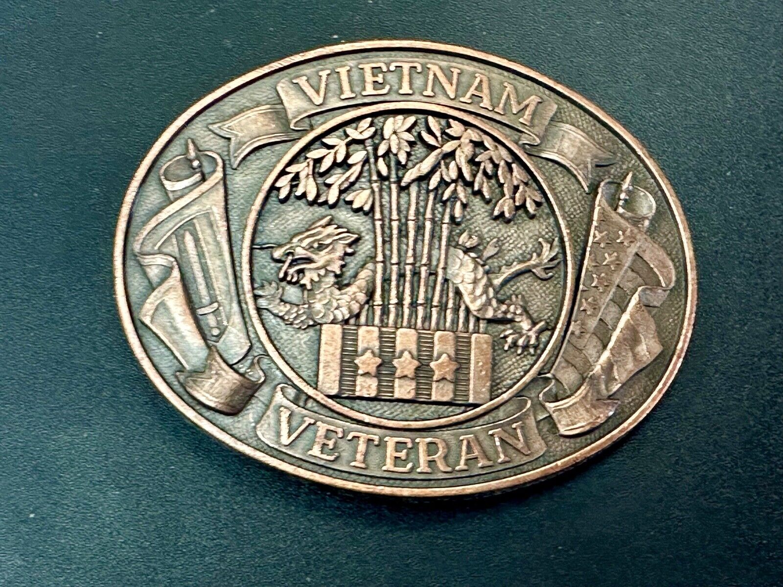 Vietnam War Veteran - vintage dragon, Patriotic American Flag oval belt buckle