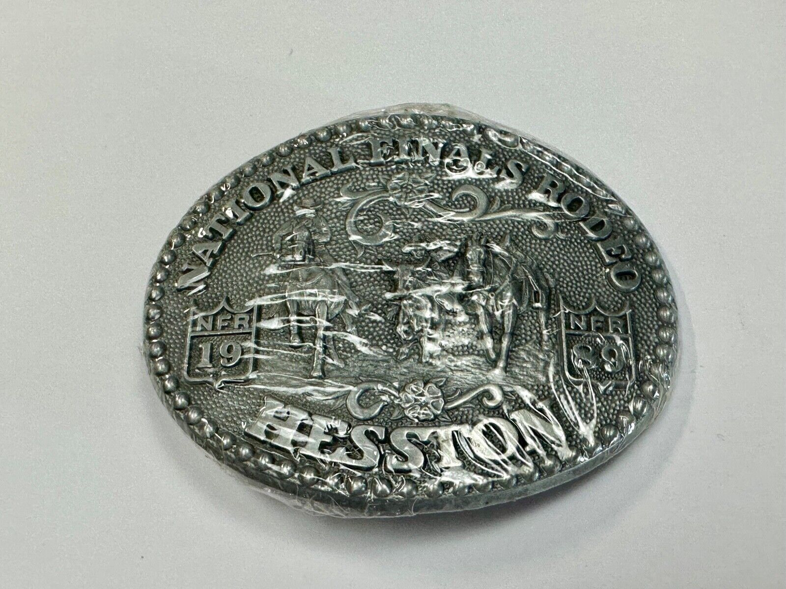1989 Adult Size Hesston National Finals Rodeo Bull Riding Cowboys belt buckle