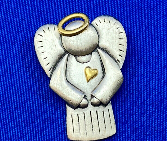 Angels Watch Over Me Pewter Two tone Halo &Heart  Brooch Pin Costume Jewelry