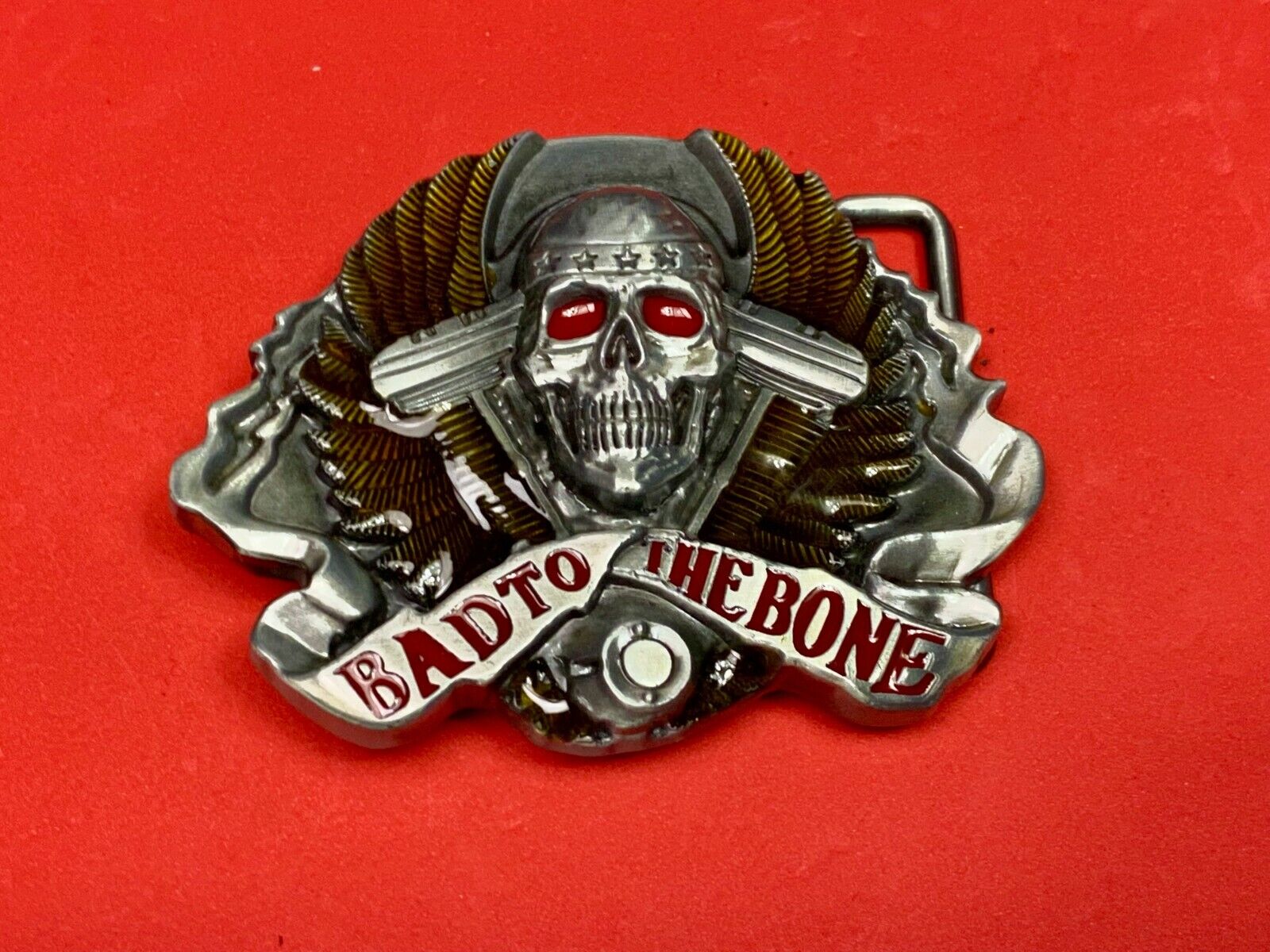 Bad to the bone - Red eyes Bikers Motorcycle Riders skull and wings belt buckle